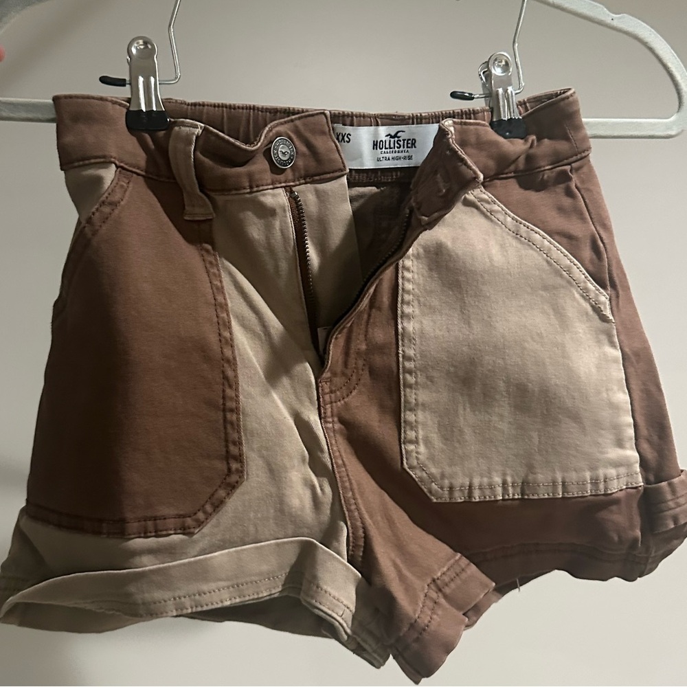 Hollister Women's High Waist Patchwork Shorts - Brown and Tan